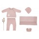 Trousseau de naissance fille 1 mois rose, layette made in france, tenue naissance fille, cadeau de naissance jumelles